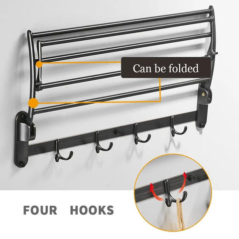Oil Rubbed Bronze 24 Inch Towel Rack With Foldable Shelf, Adjustable Towel Bar, Five Hooks And Double Towel Bars, Wall Mounted