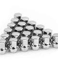 Chrome Lug Nuts M14x1.5, 20 Pcs Acorn Style Direct Fit displayed in pyramid formation against white background.