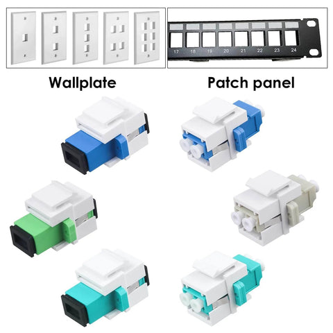 Five Pack SC APC Fiber Optic Keystone Couplers for Patch Panels and Wall Plates, various angles and setups with coupler close-ups.