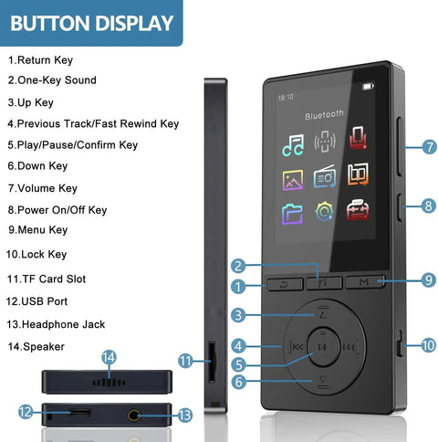64GB Bluetooth MP3 Player With HiFi Sound For Runners And Fitness Fans, 2.4 Inch Screen, Built In Speaker, control buttons visible