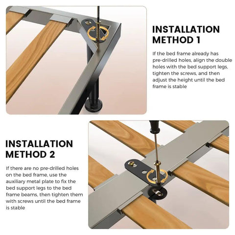 Installation methods for Heavy Duty Adjustable Bed Frame Support Legs Built Tough Straight Up Solid Game Changer ends.