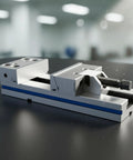 Fiocias Hardened Steel Bench Vise For Milling Machines And CNC Setup, Precision Flat Jaw Clamping Tool shown at an angle on a table.