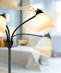 Three Light Black Reading Floor Lamp With Adjustable Heads, 66 Inch Tall Standing Tree Lamp, showcasing 360° head rotation