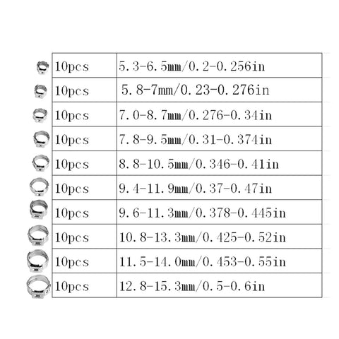 Stainless Steel Single Ear Hose Clamp Kit With 100 Pieces Stepless Sealing Design For Tight Fits And Leaks Prevention Perfect For Cars And Engines size chart