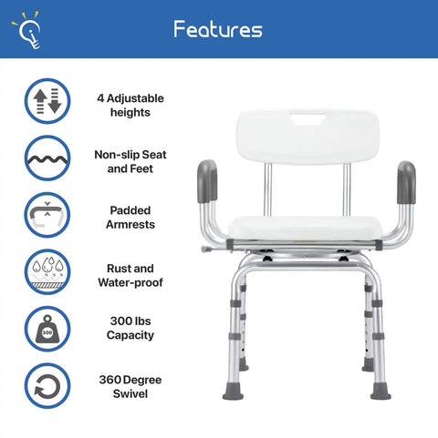 Heavy Duty 360 Degree Swivel Shower Chair With Back Rest For Safe Tub Transfers pivoting bath bench and features overview