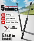 17 Inch 28 Lb Force Gas Strut Kit For Beefy Truck Topper Rear Window Lift displayed with installation instructions and tools.