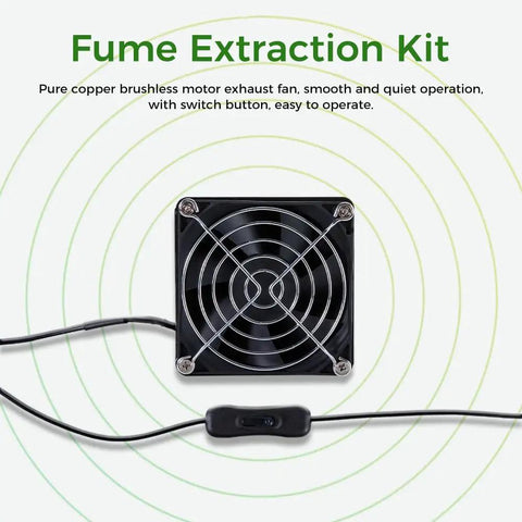 Fume Extraction Kit For 3D Printer Enclosures With 70mm Hose And 4000 RPM High Efficiency Ventilation Fan showing exhaust fan and switch