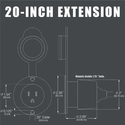 Diagram showing dimensions of 15 Amp AC Power Inlet Port With 20 Inch Outdoor Extension Cord Waterproof Shore Power Receptacle