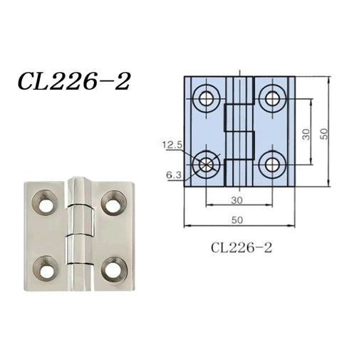 Stainless Steel Corner Door Hinges Set Of 2 50x50 shown with dimensions and design drawing, model CL226-2
