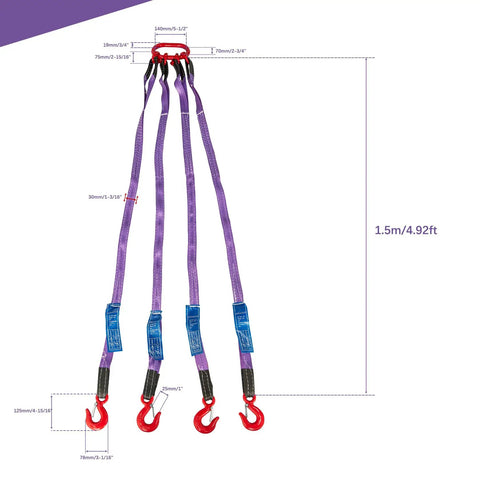 Beefed Up Heavy Duty Chain Sling Kit For Lifting And Towing, 5 Ft Four Leg G80 Alloy Steel Chain With Grab Hooks, Adjustable Length And Angle, 6610 Lbs Capacity, Polyester Strap Hoist Sling, Durable Lift System, 1.5m four-leg sling