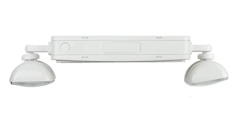 Remote Capable LED Emergency Exit Sign With Dual Adjustable LED Heads, White Housing And Red Lettering, 90 Minute Backup Runtime, Dual Voltage 120 to 277V, Injection Molded ABS Construction, side view of the unit.