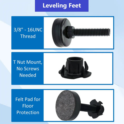 Heavy Duty Adjustable Leveling Feet 4 Pack With Three Eighths Inch 16 UNC Threads Leg Levelers with T Nut and Felt Pad.