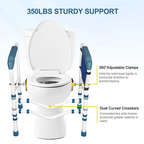 Adjustable Toilet Safety Frame And Rail With Handles And Storage Pocket showing clamps and crossbars, 350lb capacity