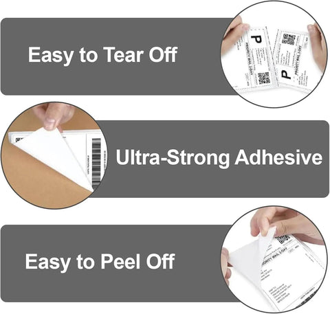 Image showing demonstrations of 4x6 Direct Thermal Shipping Labels Roll, 500 Labels, BPA Free being easy to tear, with ultra-strong adhesive, and easy to peel.