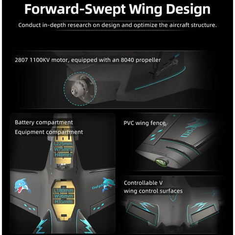 Dolphin Pro FPV Fixed Wing Plane design details with forward-swept wing, motor, PVC wing fence, and control surfaces.