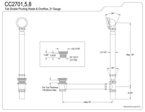 Technical diagram of Tub Waste And Overflow Drain Assembly With Double Pivoting Action, Toe Touch Stopper, fits 19 inch tub depth