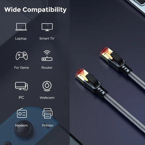 Cat 8 Ethernet Cable 15 Foot Ridiculously Fast 40Gbps 2000MHz Braided SFTP Round Patch Cord with multiple device compatibility