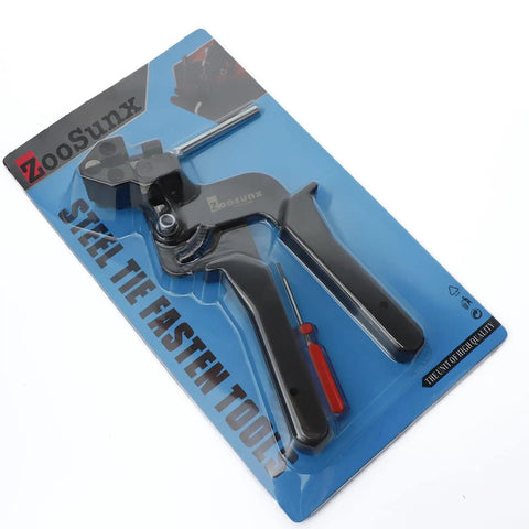 Heavy Duty Stainless Steel Cable Tie Gun For Crimping And Cutting Up To Twelve Millimeter Metal Zip Ties in packaging.