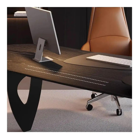 Heavy Duty Corner Executive Desk With Integrated Side Cabinet And Raised Monitor Stand Straight Up Big Time Pc Workstation No Nonsense Boss Build For Gaming And Writing Black 180 Cm close-up view of desk surface with monitor stand and keyboard.