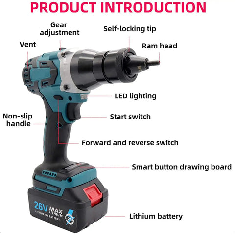 Kick Butt With This Automatic Cordless Rivet Gun Featuring 2X4000mah Batteries And A Super Portable Design For Professional Fastener Work On Steel Aluminum And Stainless Steel Hardware Kits. Cordless rivet gun with 26V battery, LED light, and adjustable self-locking tip