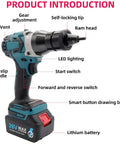 Ultimate Cordless Electric Rivet Gun With Dual Auto Functions Includes Two Big 2000 Mah Batteries For Pulling Stainless Steel Aluminum Rivets M3 To M12 Size Perfect Kit For Any Serious Pro Diy Job In The Shop Or On The Road. cordless rivet gun with 26V lithium battery and labeled controls