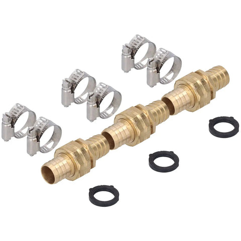 Upgrade Your Outdoor Setup With This Awesome 3 Set Brass Garden Hose Repair Kit Featuring Dual Size Compatibility For 5/8 And 3 Inch Hoses Plus Heavy Duty Stainless Steel Clamps To Fix Leaks Fast brass hose repair kit with 3 connectors, clamps, and seals