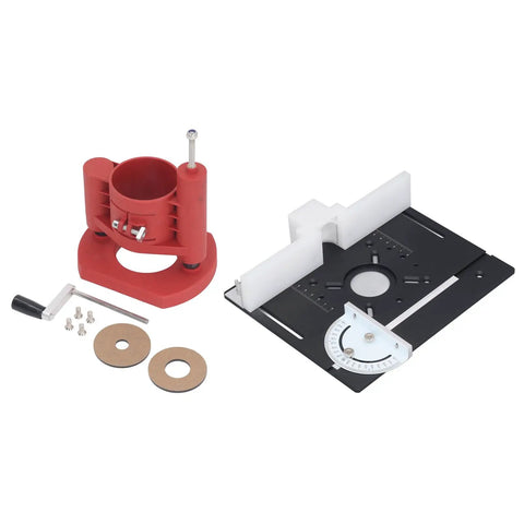 Router table insert plate set with red mounting bracket, precision gauge, and accessories for woodworkers. Step Up Your Shop Game With This Knockout Router Table Featuring A Smooth Height Lifting System And Precision Insert Base Plate Built Tough For Serious Woodworkers On Every Weekend Project.