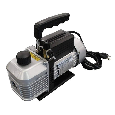 High Performance Five Cfm Two Stage Vacuum Pump Serving R134a And R1234yf Units With Hella Quick Moisture Draw And Badass Spark Proof Housing Pro Mechanics Swear By, silver vacuum pump with handle and dual ports.