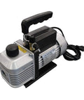 High Performance Five Cfm Two Stage Vacuum Pump Serving R134a And R1234yf Units With Hella Quick Moisture Draw And Badass Spark Proof Housing Pro Mechanics Swear By, side view with black handle and air intake.