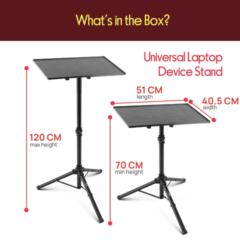 Adjustable Tripod Laptop And Projector Stand 28 To 50 Inches, height comparison at 70 cm and 120 cm with adjustable tray.