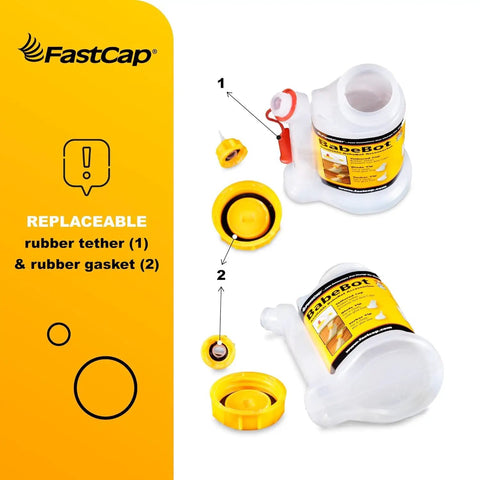 BabeBot 4-Ounce Wide Mouth Glue Bottle with Replaceable Tips, showing no drip design and yellow rubber tether, gasket detail.