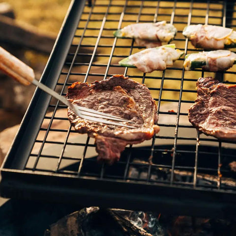 Adjustable Swivel Grill Grate For Open Fire Cooking With Spike Pole Steel Mesh Wire Grate grilling steak over open fire