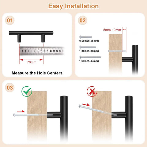 Upgrade Your Kitchen With These Top Shelf Black Stainless Steel Cabinet Pulls Boasting A Thick Round Shape And Precise Three Inch Hole Spacing Plus A Full Screw Set Guaranteeing A No Sweat Swap For Any Door Type In A Massive Fifty Pack installation guide showing measurement and screw details.