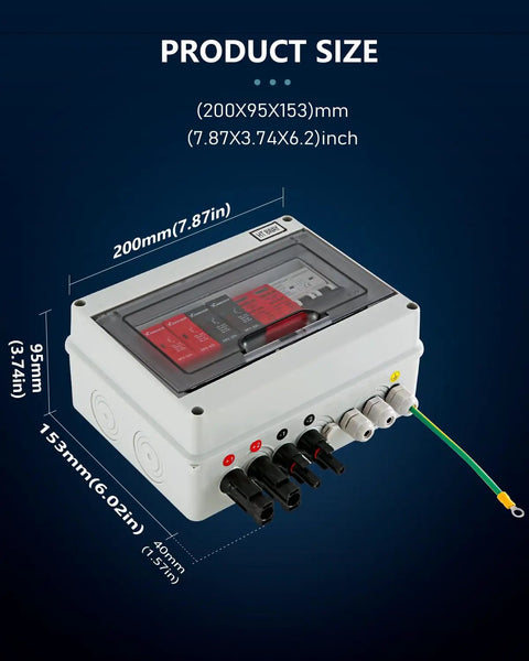 Two String PV Combiner Box For Solar Systems, 600V DC, IP65 Waterproof, white box with dimensions shown