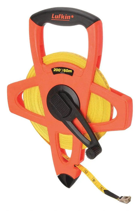 Hi-Viz Orange Fiberglass Tape Measure Half Inch By 60 Meters And 200 Feet Dual Sided SAE Metric With Open Four-Arm Frame
