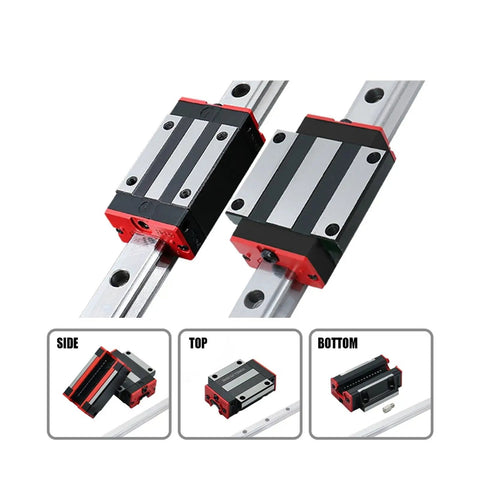 Kickstart Your Build With These Heavy Duty High Precision Linear Guide Rail Kits Featuring Four Pieces Of Smooth HGH30CA Carriages And Two Rock Solid HGR30 Rails In A Snazzy Green Finish For Zero Friction Motion Control That Lasts. Top view of HGH30CA carriage on HGR30 rail, metal CNC linear guide kit