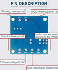 PWM To 0-10V Voltage Converter Module For PLCs pin diagram showing connection details for power, ground, VOUT, and PWM input.