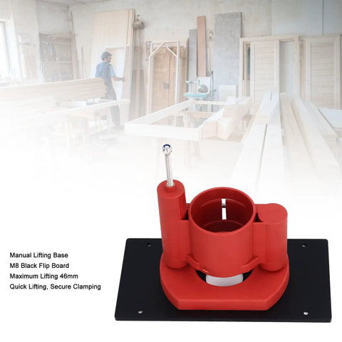 Router Lift Base Kit Slick Flip Tray Insert Plate Polished Abs Body Stainless Steel Spindle Ultra Smooth Hella Accurate Hand Crank Fine Tuner Heavy Duty Woodworking Gear on a manual lifting base with red flip board.