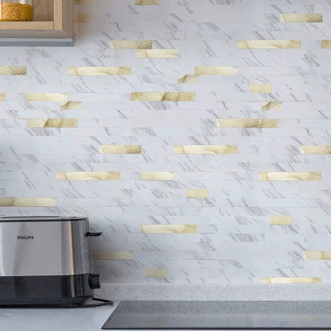 10-Sheet Peel And Stick Backsplash Tile Set For Kitchen Bathroom Laundry Room White Slate Look With Gold Studded Accents