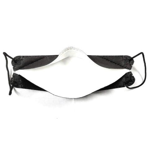 Inside view of 30 Pack Black Face Mask 4 Layer Safety With Electrostatic Filtration Patented Adjustable Earloop Lipstick Safe Breathe Easy 3D Ergonomic Design Individually Sealed Made In Korea.