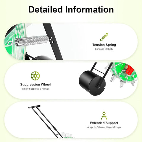 Detailed components of 12 Nozzles Hand Push Garden Seeder For Slopes And Terraces showing tension spring, suppression wheel, and support.