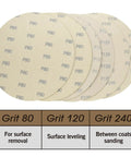 9 Inch Radial Drywall Sander Kit With Six Assorted Grit Sandpaper Discs showing P80, P120, P240 grit sizes for various sanding tasks.