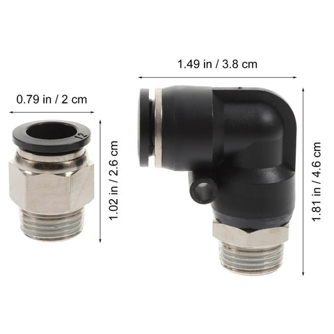 Check Out This Epic 6pc Set Of 3/8 Inch Pneumatic Air Hose Quick Release Fittings Featuring Straight And Elbow Connectors For Easy Push To Install Plus Repair Tasks Done Real Fast Without Leaks., black plastic and metal 3/8 inch pneumatic air hose quick release straight and elbow fittings