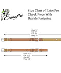 Size chart of English Bridle Cheek Pieces Five Eighths Inch Leather Replacement With Buckle Fastening and universal fit details.