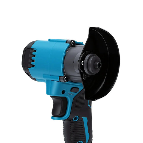 Close-up of a two-in-one cordless circular saw with grinder attachment, featuring a blue design and brushless motor.