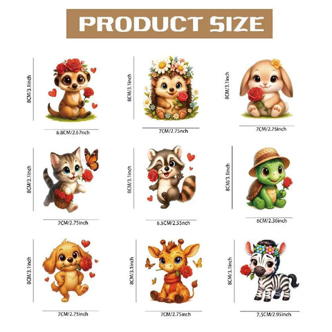 Cartoon Animal Iron On Transfers Set 12 Pack Rose Themed Heat Transfer Stickers for T Shirts Hoodies Jackets and Kids Clothing Washable DTF Ready to Press for DIY Gifts, showing nine cartoon animals with flowers and hearts.