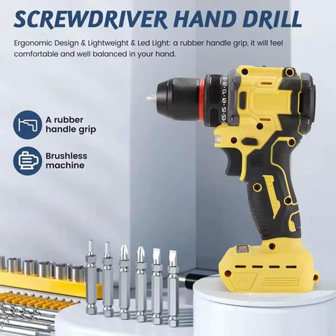 Badass Brushless Drill Driver Compatible With DeWalt 20V Batteries showcasing ergonomic rubber handle and drill bits.