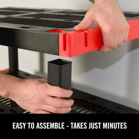 Close-up of hands assembling Five Tier Heavy Duty Storage Rack That Is Tough As Nails With 200 Lb Shelf Capacity, Weather Resistant Shelving Unit For Garage Or Shop, Easy Assembly, Expandable Over Time, 72.3 In Tall By 40 In Wide By 24 In Deep, American Made Quality.