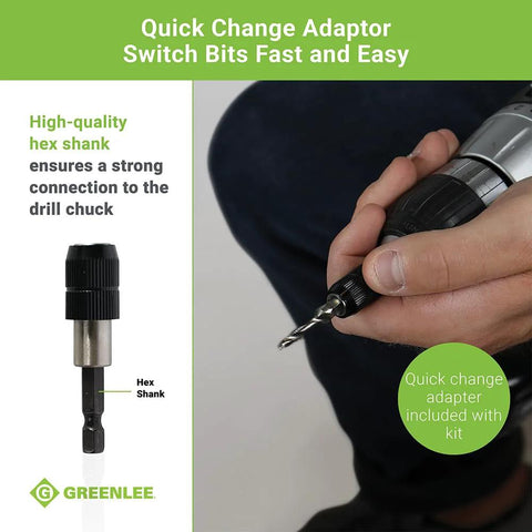 Greenlee DTAPKIT drill/tap kit for metal with quick-change adaptor; includes 6-32 to 1/4-20 taps, hex shank.