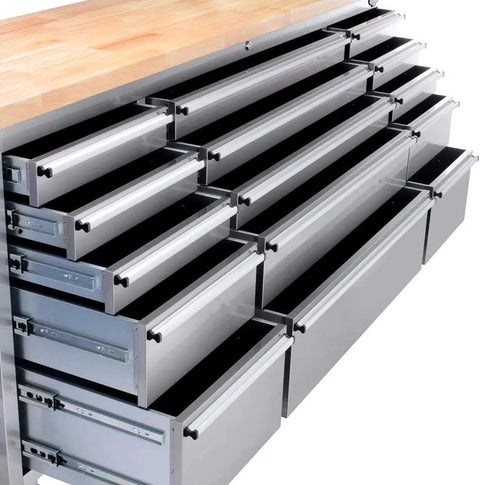 72 Inch Stainless Steel Rolling Tool Chest With 15 Drawers And 3 Upper Cabinets, Mobile Workbench On Wheels, Lockable Storage Cabinet With Pegboard And Solid Wood Top For Pro Grade Tool Organization, open drawers